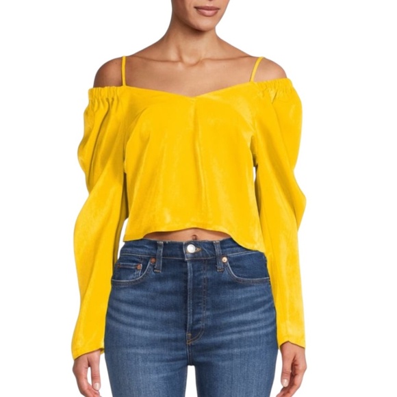 DKNY Cold Shoulder Crop Top in Pop Yellow - Picture 1 of 7